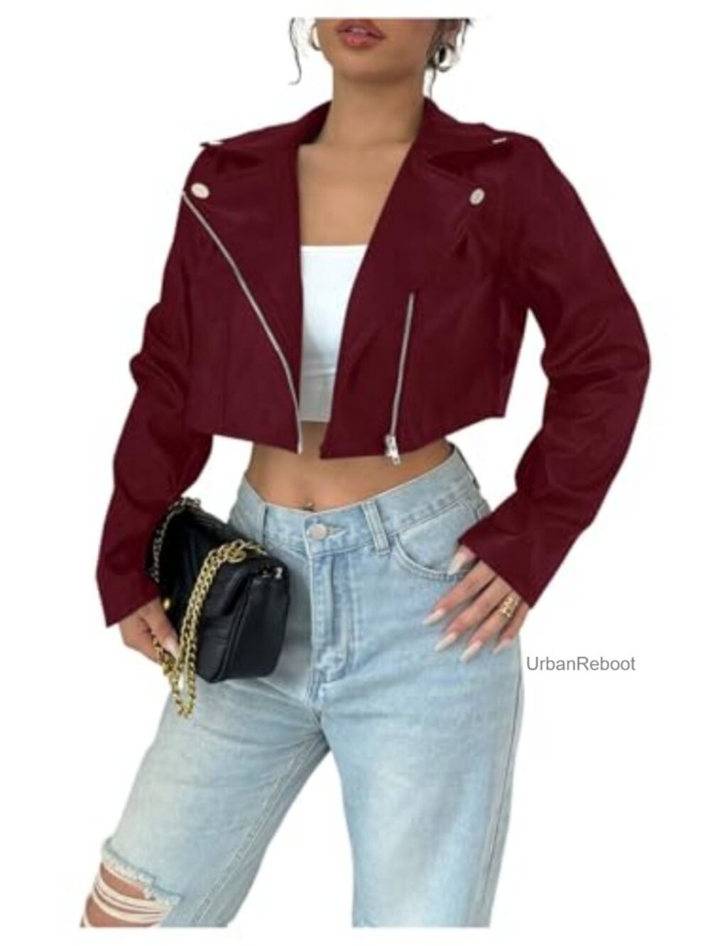 PU Leather Cropped Motorcycle Jacket Zip Up Faux Leather Coat